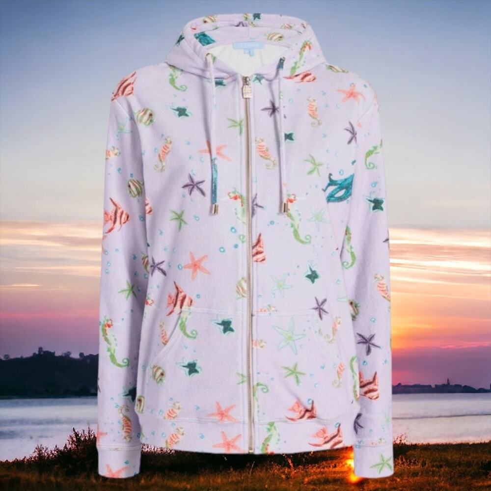 NWT Hill House Home Lilac Sea Creatures Beach The Allie Zip-Up Terry Hoodie XS